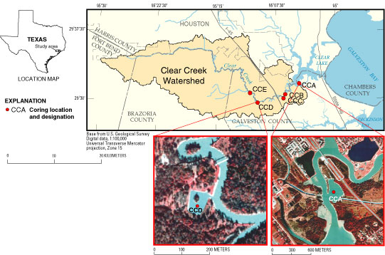 Figure 1.  Map showing location of Clear Creek watershed and coring sites and insets of coring sites CCA and CCD, selected for more intensive analysis.