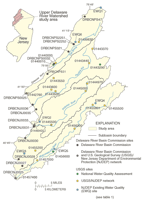 Location of water-quality sampling sites in the Upper Delaware River Basin study area, New Jersey