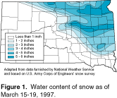 A map of South Dakota showing break down of water content in snow.