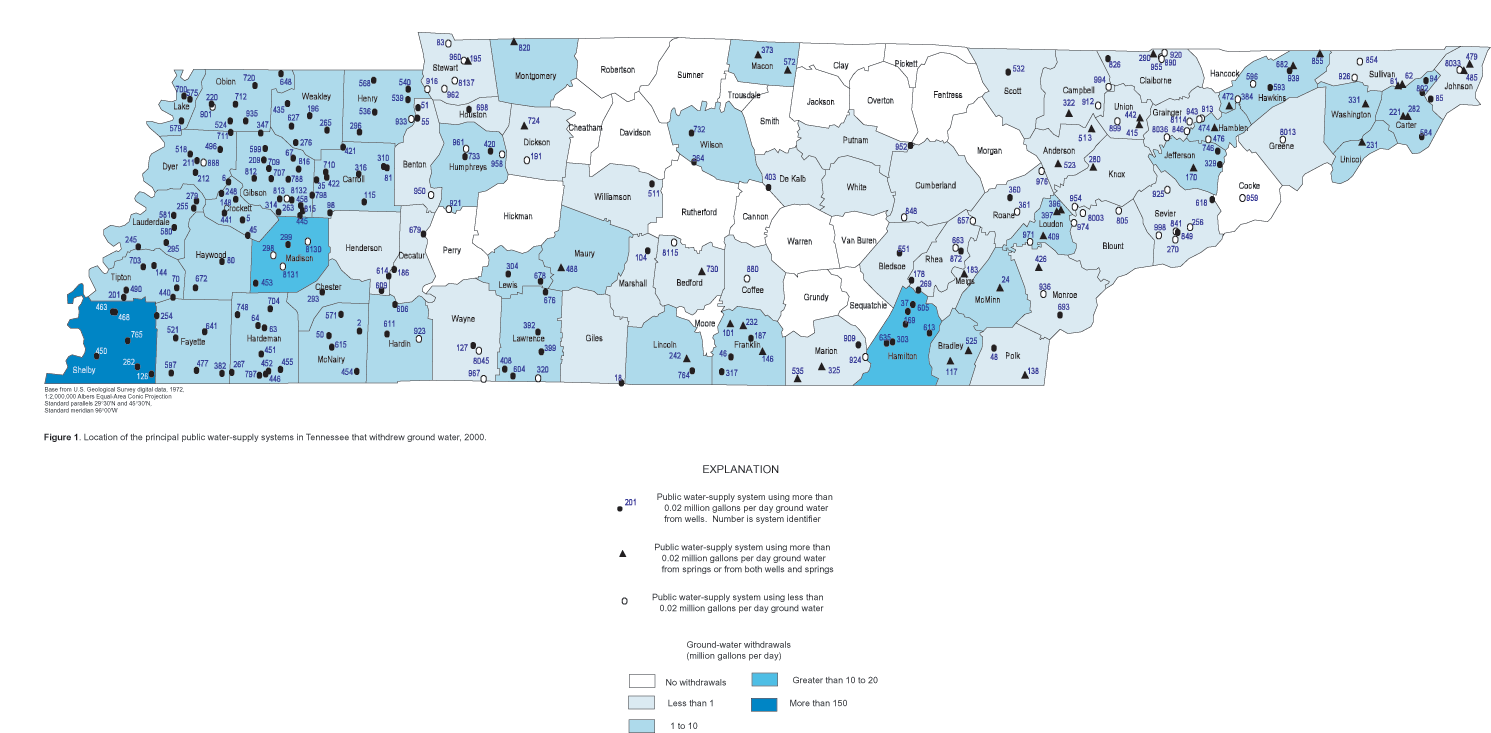 Figure 1. Map showing location of the principal public water-supply systems in Tennessee that withdrew ground water, 2000.