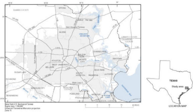 Figure 1. Map showing location of study area. Shaded area is the Houston metropolitan area.