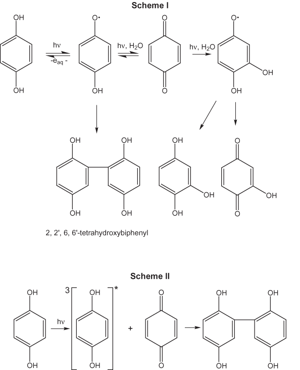 Proposed mechanisms for photolysis of hydroquinone