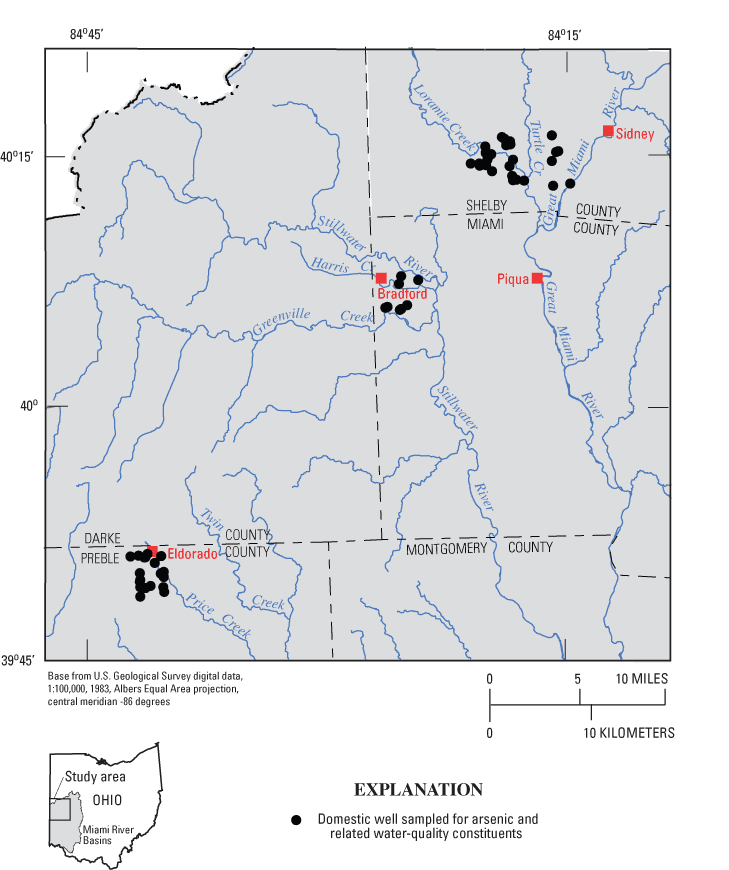 Map showing location of domestic wells sampled during 2002-03, southwestern Ohio.