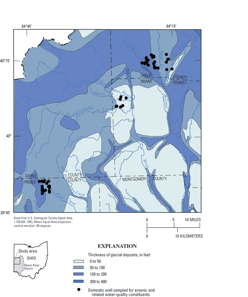 Map showing thickness of glacial deposits, southwestern Ohio.
