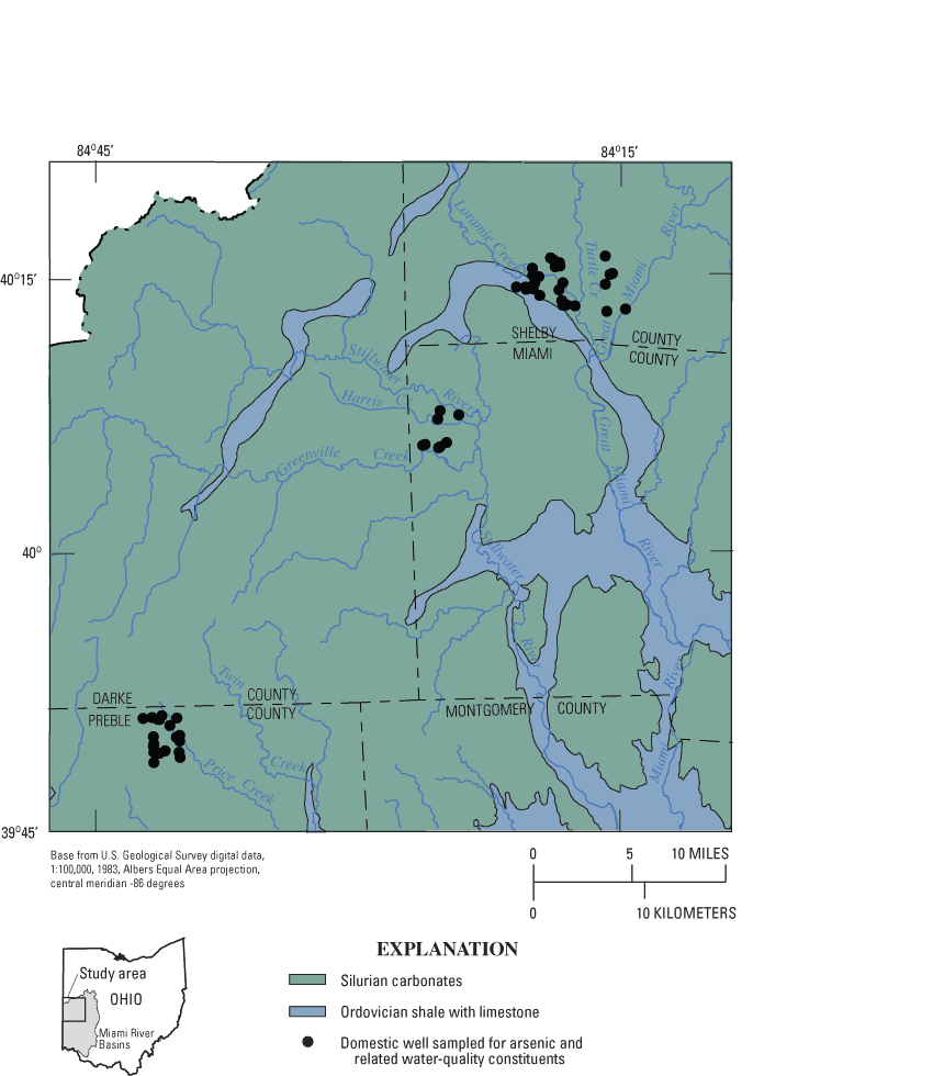 Map showing bedrock beneath glacial deposits, southwestern Ohio.