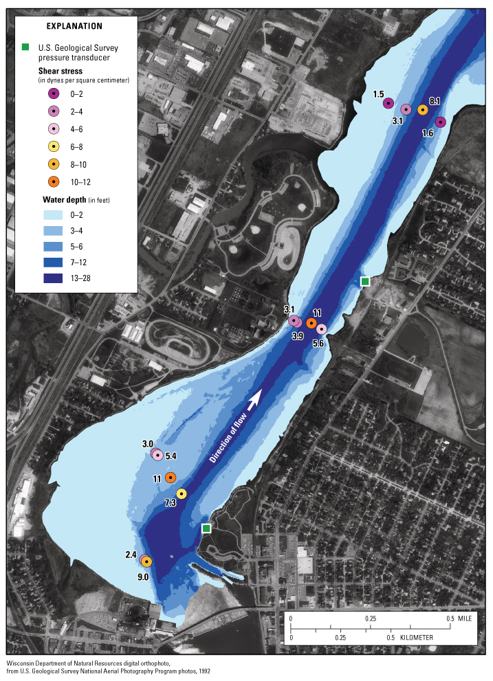 Figure 10a. Distribution of calculated shear stress during May 2005 sampling event, Operable Unit 4 (transects 1 through 3), Lower Fox River, Wis. Bathymetry in figure 10 is from the work completed by Jenkins Survey and Design under contract to Wisconsin DNR (October, 2004)