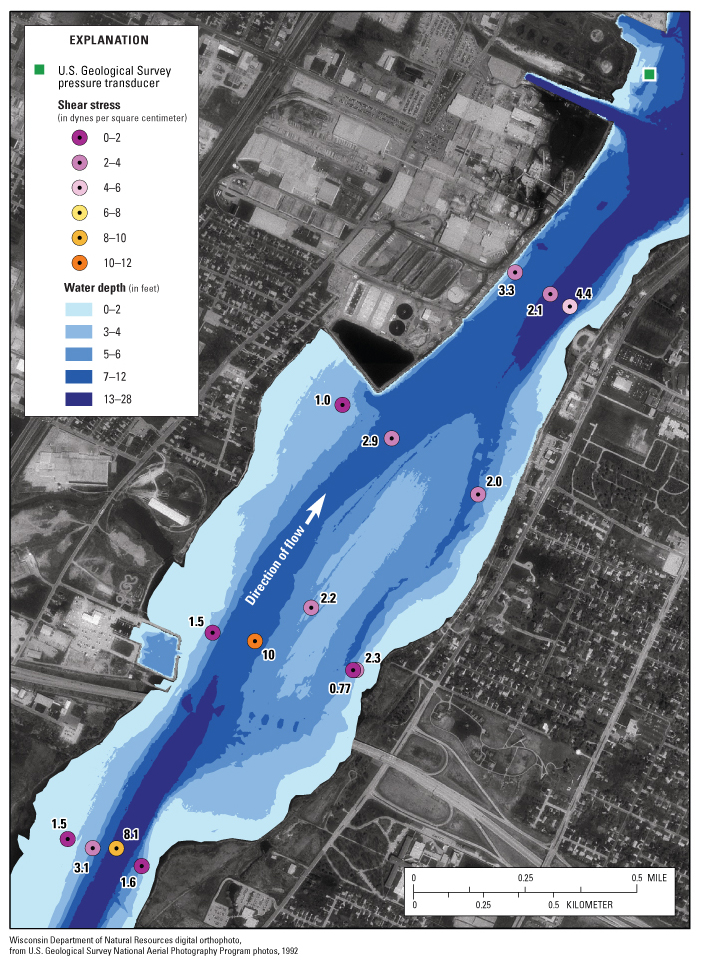 Figure 10b. Distribution of calculated shear stress during May 2005 sampling event, Operable Unit 4 (transects 3 through 6), Lower Fox River, Wis. Bathymetry in figure 10 is from the work completed by Jenkins Survey and Design under contract to Wisconsin DNR (October, 2004)