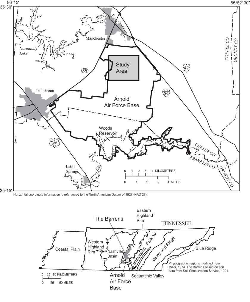 Figure 1. Major physiographic regions of Tennessee and locations of The Barrens, Arnold Air Force Base, and study area.