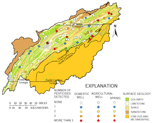 Figure 26. Pesticides were detected at low concentrations in Upper Tennessee River Basin ground water.
