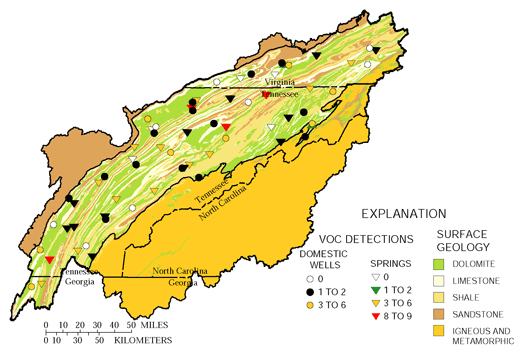 Figure 28. Volatile organic compounds (VOCs) are often detected in Upper Tennessee River Basin ground water.