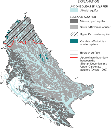 Figure 5. Several major bedrock and unconsolidated aquifers are used as sources of water for domestic, municipal, and industrial supplies. Only the most heavily used aquifers, the Silurian-Devonian and Upper Carbonate aquifers and the alluvial aquifers, were sampled.