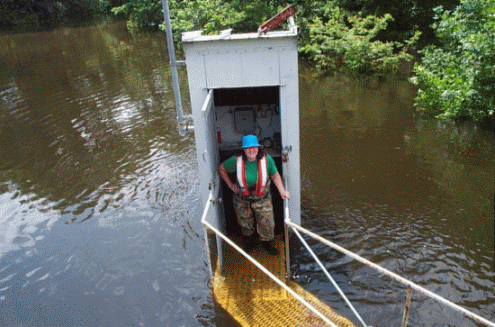 U.S. Geological Survey streamgager is shin deep in the Iroquois River 