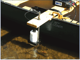 Acoustic Doppler current profiler mounted on canoe for shallow-water flow measurements. [Photo by Gary T. Fisher, U.S. Geological Survey] (Click to view larger image.)