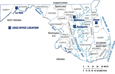 Locations of USGS Water-Resources offices in Maryland and Delaware. (Click to view larger image.)
