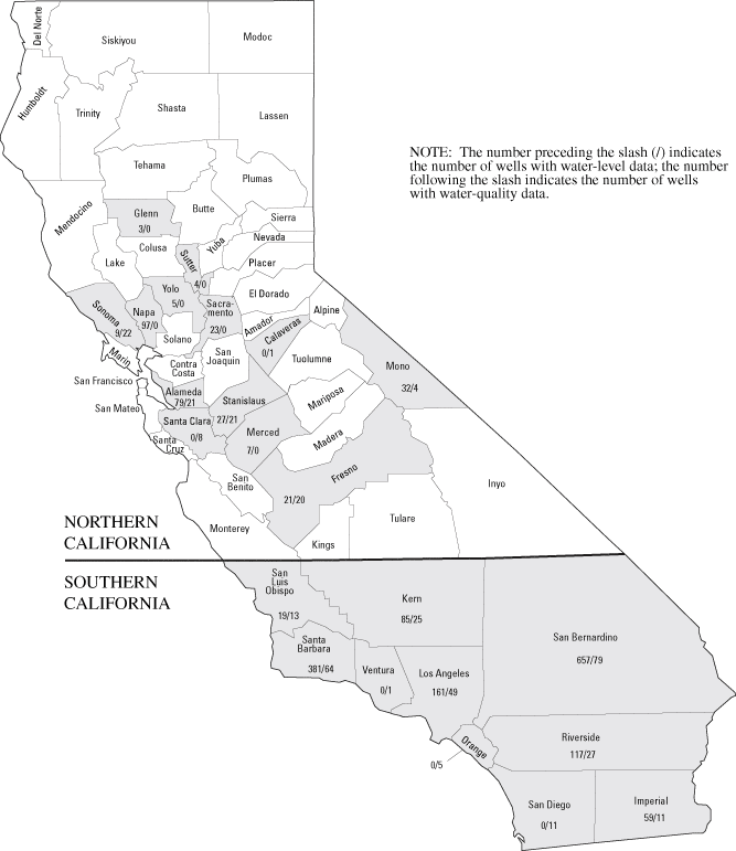 Map showing number of wells, by county, for which data are available for the 2003 water year