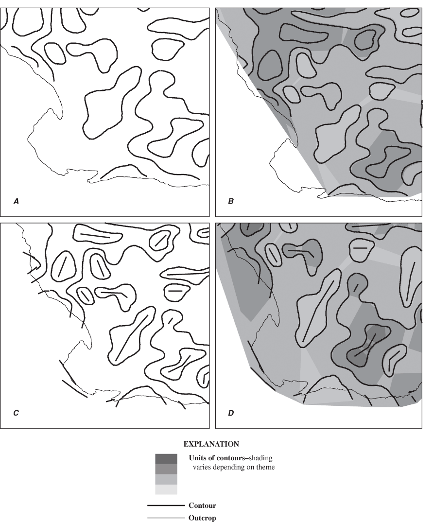 Figure 4.Example contours, outcrop, and triangulated irregular networks (TINS). A, original contours from Lewis and Hotchkiss (1981), B, TINS based on original contours, C, original contours and contours extended and added by manual methods, and 
D, revised TINS based on extended and added contours.