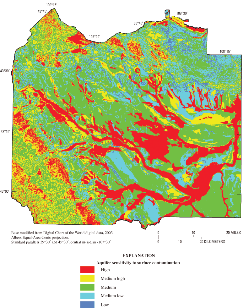 Figure 7. Aquifer sensitivity to surface contamination on the Wind River Indian Reservation, Wyoming (from Wyoming Water Resources Center, 1998b).