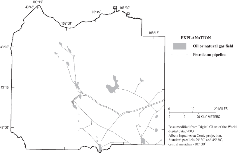Figure 8. Oil and gas fields and petroleum pipelines on the Wind River Indian Reservation, Wyoming (from De Bruin, 2002).
