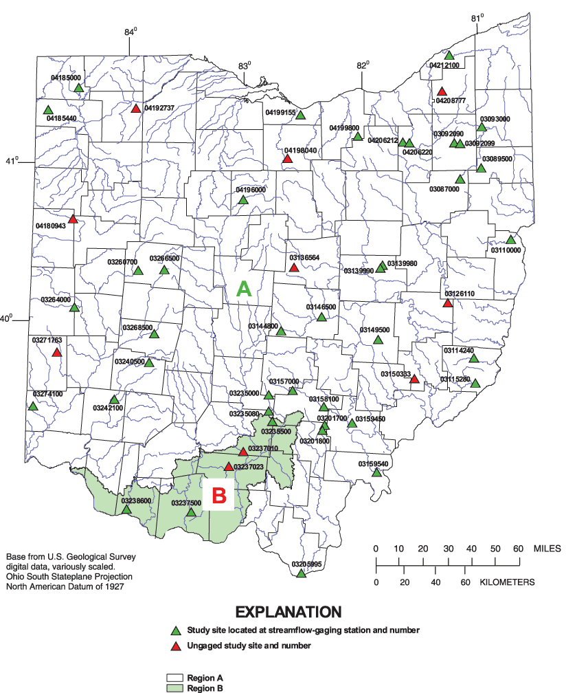 Figure of map showing bankfull regions A and B and locations of the 50 selected study sites in Ohio.