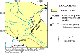 Figure 2. Locations of U.S. Geological Survey gaging stations and Paradox Valley Unit brine-withdrawal wells and injection well (modified from Watts, 2000).